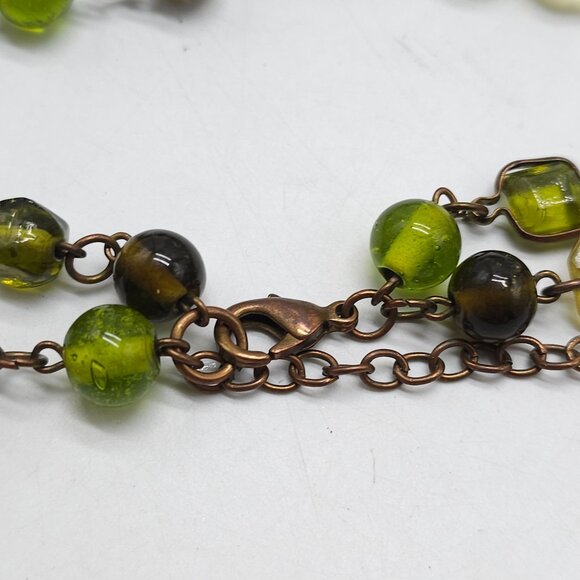 Green Brown Glass Bead Long Necklace With Bronze Chain And Lobster Clasp - Picture 5 of 6